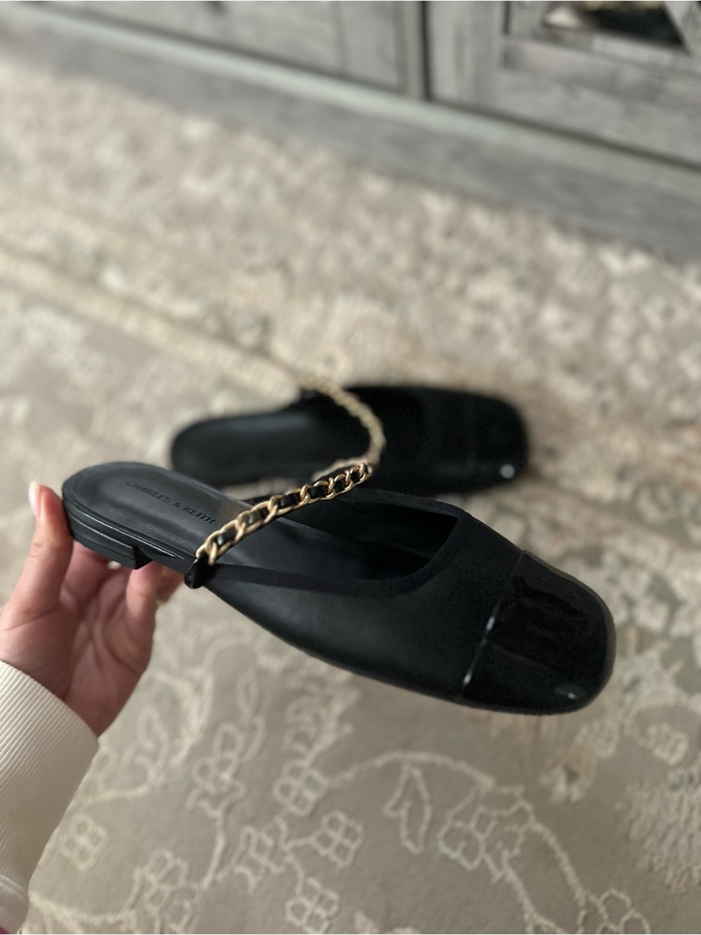 Charles & Keith Black Square-Toe Mules women luxury Chanel style black leather
